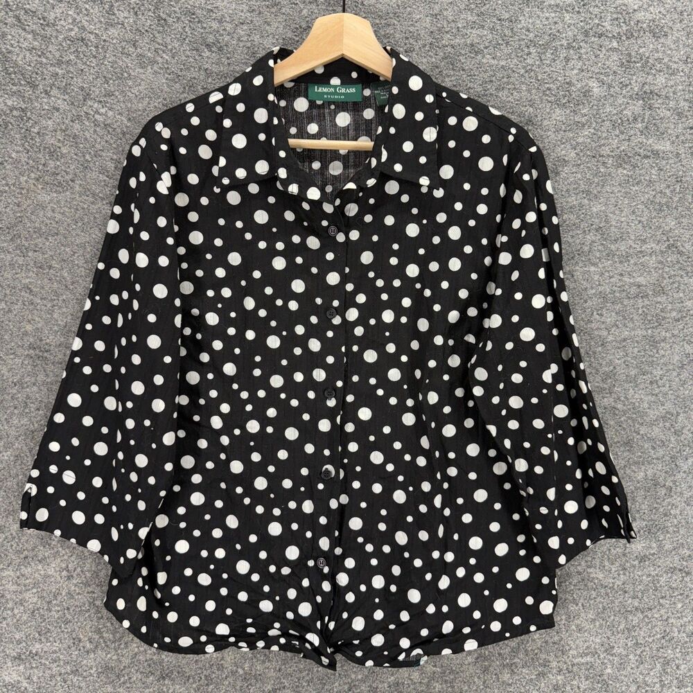 Lemon Grass Shirt Women L Large Black Polka Dot Button Up Collared Long Sleeve